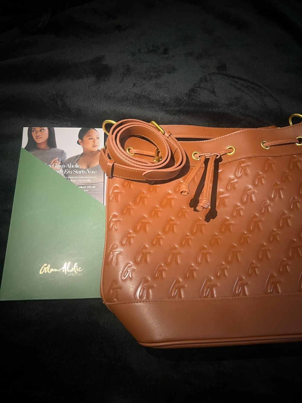 Brown Embossed Drawstring Shoulder Bag - Picture 2 of 6